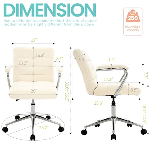 Mfd Living Velvet Home Office Desk Chair, Upholstered Adjustable Swivel Task Chair With Wheels, Tufted Mid-Back Computer Chair With Arms, For Study Living Room Vanity (Beige White) #TOP4