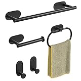 5-teiliges Schwarz Matt Badezimmer Set - 304 Edelstahl Handtuchhalter und Toilettenpapierhalter, Badezimmer Set Ohne Bohren mit 40CM Handtuchstange, Toilettenpapierhalter, Handtuchring, Handtuchhaken