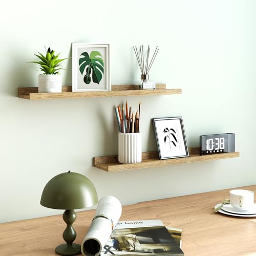 Image of Oak Floating Shelves for Wall Decor, 30 in Shelf with Lip, 2 Set | 4.5 inch Deep Display Picture Ledge Shelf, Long Wall Mounted Storage Shelves for Bedroom, Bathroom, Living Room, Kitchen, Nursery
