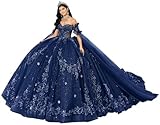 DXUOPL Navy Blue Quinceañera Dress with Bow Long Cape Sleeve Party Gown Elegant 3D Flower Ball Gown Lace Appliques Quince Dress Glitter Tulle 15th Birthday Dresses Luxury Beaded 15 Dresses Size 08