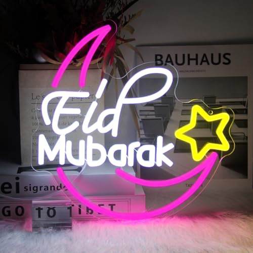 Image of Eid Mubarak Neon Sign Islamic LED Lights for Wall Mosque Eid Al Adha Decor | Eid Al Fitr Supply, Ramadan Mubarak Decoration, Dimmable Moon Star Neon Light, Muslim LED Sign, Acrylic Wall Art, USB Powered