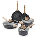 COMPLETE NONSTICK COOKWARE SET WITH LIDS: Includes 8” and 9.5” frying pans, 1.37QT saucepan with lid, 4.65QT stockpot with lid, and 4.12QT sauté pan with lid—everything you need for daily cooking tasks like sautéing, simmering, boiling, and searing. ...