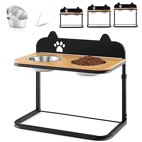 Giantex Elevated Dog Bowls Stand - Raised Pets Cats Feeding Station, 3 Adjustable Heights, 2 Stainless Steel Bowls, Metal Frame, Bamboo Tabletop, Tall Dog Food Water Bowls Holder Stand