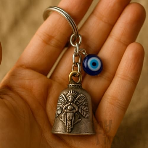 Image of Tiny Tim Guardian Bell with Evil Eye Charm - Protective Motorcycle & Car Accessory - Tibetan-Inspired Design - Wards Off Negative Energy - Ideal Gift for Bikers & Travelers