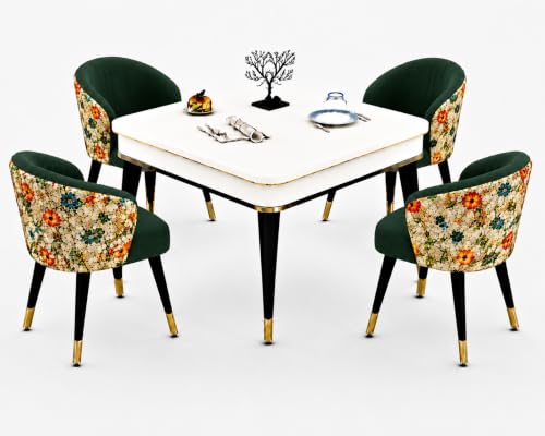 Image of WOODEN SPACE 4 Seater Wooden Dining Table Set | Urban Marble Top Dining Table with Chairs for Dining Room & Kitchen (Modern Classic Printed Dark Green) (42 x 42 x 30 inch)