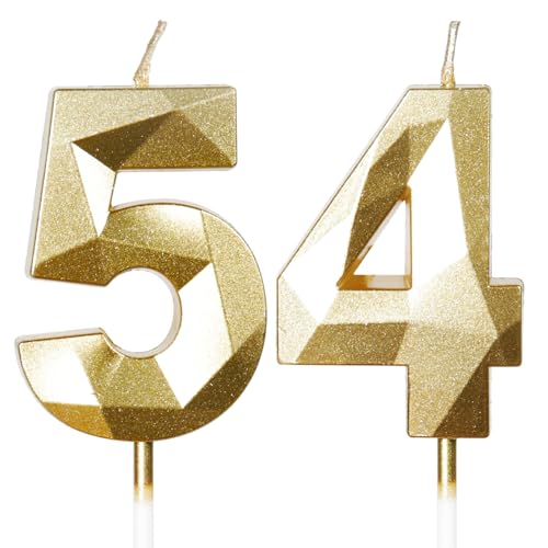 Yiran Gold 54. Geburtstagskerzen, 54. Geburtstagsdekorationen für Frauen und Männlich, 3D-Zahl-54-Kerze für Kuchen, Goldene Kuchendekorationen für Geburtstagsfeiern und Hochzeiten Zubehör