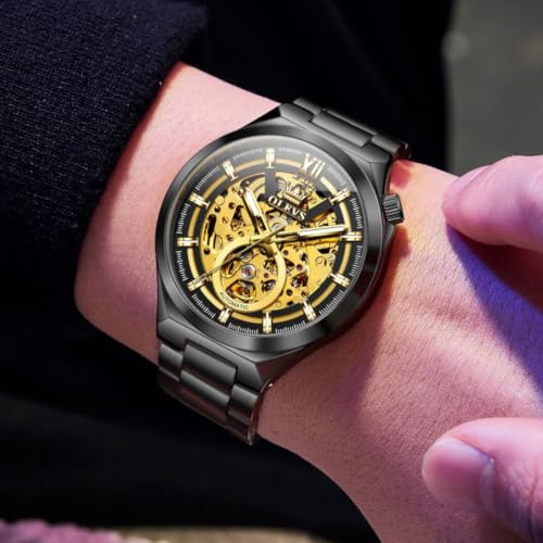 Image of OLEVS Mens Skeleton Watches Automatic Self Winding Mechanical Designer Luxury Dress Stainless Steel Waterproof Original Wrist Watches for Men