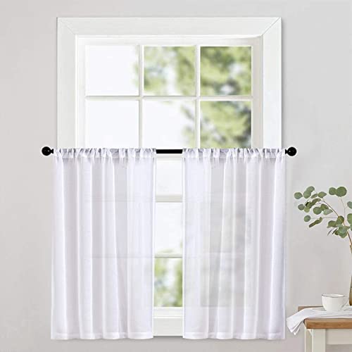 Mrtrees Sheer Curtain Tiers 36 Inch Length White Kitchen Window Sheers Bathroom Short Transparent Voile Curtain Panels Rod Pocket Cafe Curtains Light Filtering 2 Panels #TOP5