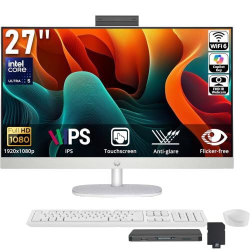 Image of HP 27 inch FHD Touchscreen All-in-One Desktop AI PC, Intel Ultra 5 225U(12-core), 32GB DDR5, 3TB Storage (2TB SSD+1TB Docking Station), FHD IR Camera, Wi-Fi 6, Wireless Keyboard & Mouse, Win 11, White