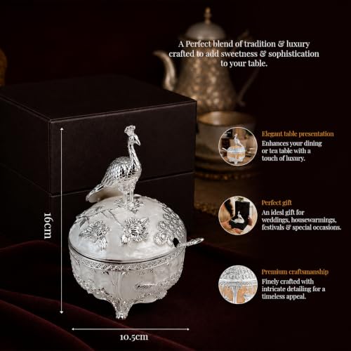 Image of Diviniti Silver Plated Peacock Sugar Pot with Lid | Decorative Storage Jar for Sugar, Mouth Fresheners & Dry Snacks | Luxury Home Decor Item for Dining Table, Kitchen & Gifting (White)