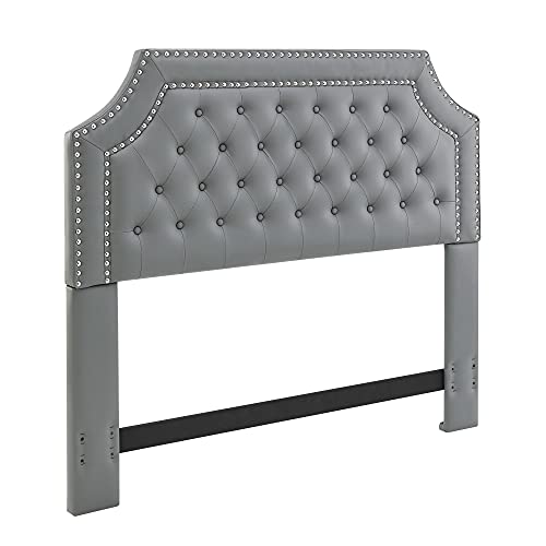 Iconic Home Malone Headboard Pu Leather Upholstered Button Tufted Double Row Silver Nailhead Trim Modern Transitional, Grey #TOP2
