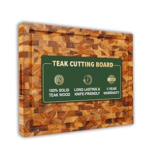 BEEFURNI Teak Wood End Grain Cutting Board, Wooden Cutting Boards for Kitchen with Juice Groove Hand Grip Medium, Gifts for Her, Kitchen Gadget Gifts, 1 Year Warranty (M,18 L x 14 W x 1.5 T inches)