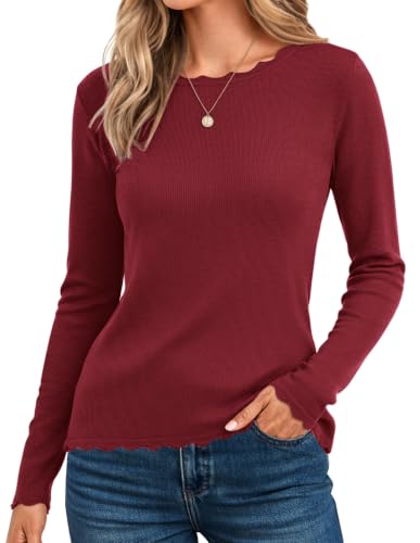 Image of GRACE KARIN Long Sleeve Fall Sweaters for Women Trendy Business Casual Tops | Fashion Clothes,Classic Pullover Shirt,Crew Neck,Scalloped,Lightweight,Soft Comfy,Fitted,Knit,Stretchy,Winter Layer Clothing