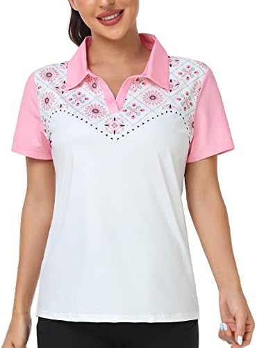 JACKETOWN Polo Shirts for Women Floral Short Sleeve Golf Apparel Slim Fit Novelty T-Shirts UPF 50 Summer Tennis Workout Activewear Tops(White, XL)