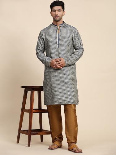 Image of SKAVIJ Men's Brocade Silk Embroidered Kurta Pajama Set Thread Work Festive Party Ethnic Dress