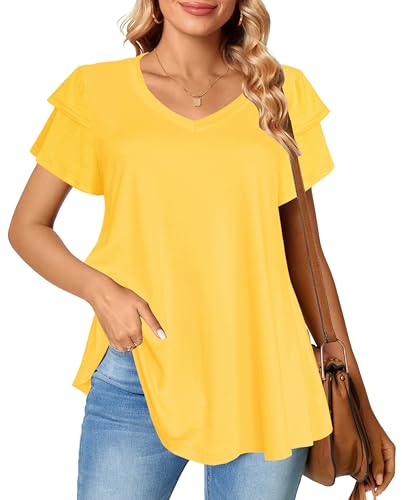 Afibi Womens Summer Tops Ruffle Short Sleeve V Neck T-Shirts Casual Loose Fit3