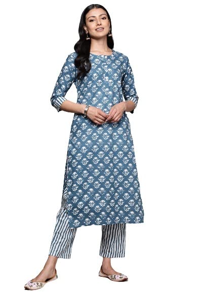 Image of anubhutee Women's Cotton Blue Floral Printed Straight Kurta Suit Set With Pants