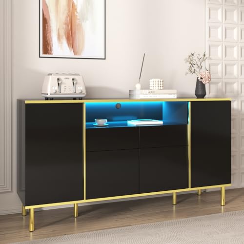 LATICO Sideboard Kommode mit 4 Türen und 2 Schubladen, 150x40x80cm Küchenschrank Hochglänzendes Buffetschrank Cabinet Anrichte Standschrank Aufbewahrungsschrank, Wohnzimmer Esszimmer Küche (Schwarz) LATICO Sideboard Kommode mit 4 Türen und 2 Schubladen, 150x40x80cm Küchenschrank Hochglänzendes Buffetschrank Cabinet Anrichte Standschrank Aufbewahrungsschrank, Wohnzimmer Esszimmer Küche (Schwarz)