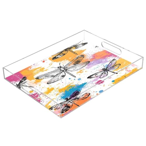 BOESI Graffiti Dragonfly Pattern Acrylic Decorative Dining Tray, Acrylic Decorative Tray Organizer with Handle for Kitchen, Dining Room, Bathroom, Dresser