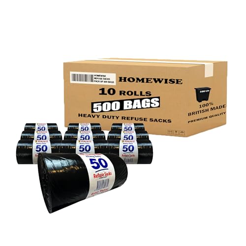 HOMEWISE 500 Heavy Duty Bin Bags | Bin Liners Heavy Duty Bin Bags 100L | Extra Strong Black Refuse Sacks for Rubbish Eco-Friendly Recycled Material | Large Bin Liners for Home, Office, Restaurant