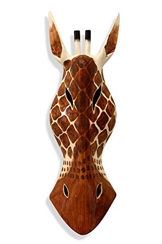 G6 Collection Wooden Tribal Giraffe Mask Brown White Hand Carved Wall Plaque Hanging Home Decor Accent Art Unique Sculpture Decoration Handmade Handcrafted Decorative Giraffe Brown White (12 Tall)