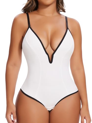 Image of SHAPERIN Bodysuit for Women Shapewear Tummy Control Deep V Neck Plunge Sleeveless Backless Thong Body Suit Tank Top