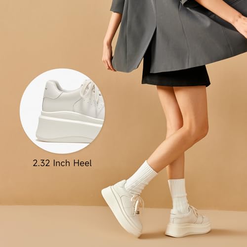 Image of BEAU TODAY Platform White Sneakers for Women,Leather Casual Tennis Shoes
