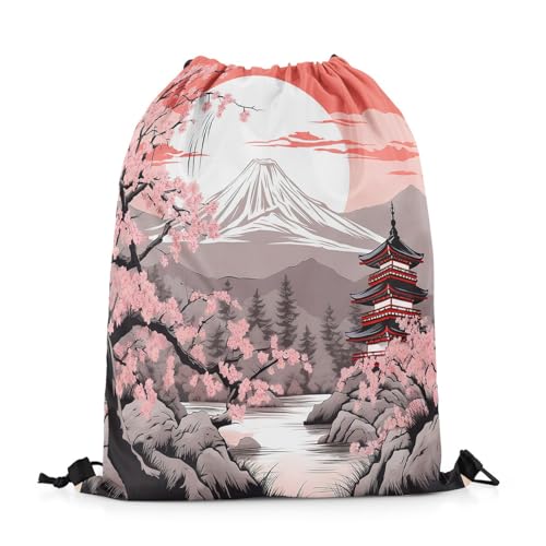 jejeloiu Japanese Style Drawstring Backpack 13x15.7inch Cherry Blossom Waterproof Gym Drawstring Bags Japan Fuji Mountain Sports String Backpack Beach Swim Travel Bag Sackpack3
