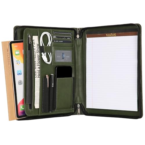 Personalized Leather Portfolio for Men, Business Padfolio with Zipper, Vegan Leather Folio with A4 Writing Pad Holder Organizer for Resume, Interview, Custom Portfolio - Green