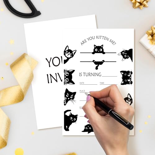 ZYQFN 20 Black Cat Birthday Invitations for Girls Boys Kids Adult with Envelopes - 4x6 Inch Kitten Card, Cute Pet Themed Party Invites. (030) - Thumbnail 3
