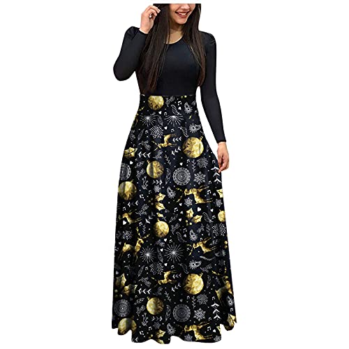 Weihnachtskleid Damen Lang - Kleid Weihnachten Langarm Weihnachts Kleider Damen Maxikleid mit Weihnachtsmotiv High Waist Elegant Lange...