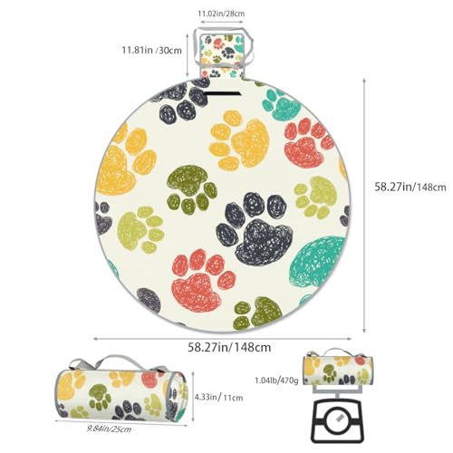 Shimoshe Colorful Paw Print Picnic Outdoor Blanket Foldable Waterproof Sandproof Beach Blanket Portable Water-Resistant Round Picnic Mat for Travel Camping Park Lawn