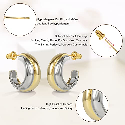 Pickbeau Two Tone Hoop Earrings For Women,Trendy Sterling Silver Gold C Shaped Hoop Earrings For Girls Classic Lightweight Hoops Earrings #TOP3
