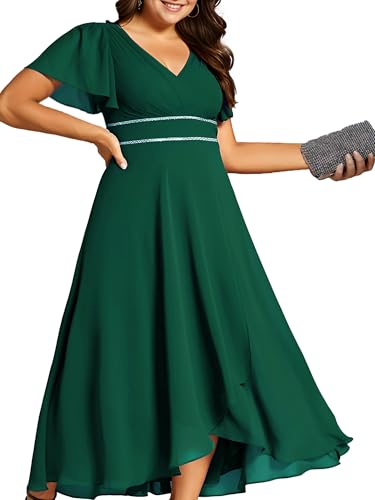 Image of Ever-Pretty Plus Women's Chiffon V-Neck Beading Ruffles Sleeves Maxi High Low Plus Size Formal Dresses
