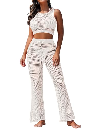 Pink Queen Women's Summer Outfit Set 2 Piece Knit Tank Top Beach Cover up Pants White White M