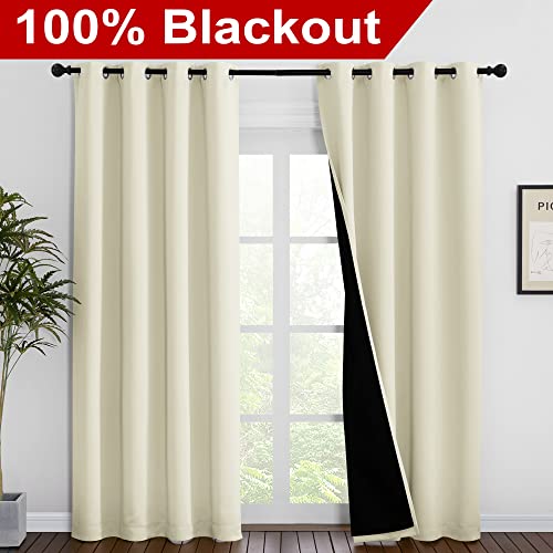 Image of NICETOWN Living Room Completely Shaded Draperies, Privacy Protection & Noise Reducing Ring Top Drapes, Black Lined Insulated Window Treatment Curtain Panels (Beige, 2 Pieces, W55 x L86)