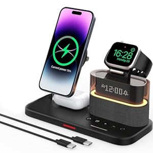 GLILAVOX 5 in 1 Wireless Charger with Alarm Clock for Apple, Magnetic Wirelss Charger Stand for iPhone 15/14/13/12,Apple Watch Series 9/Ultra 2/8/7/SE/SE2/6/5,Air-Pods 3/Pro/2(Black)