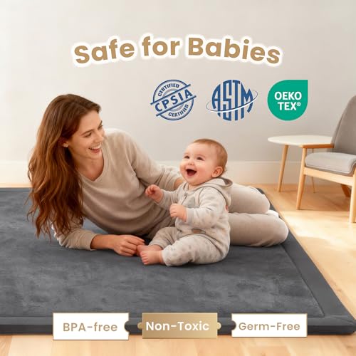 Image of ACOMOPACK Baby Play Mat for Floor 1.3 inch Thick Memory Foam Play Mat 71 inchx79 inch Tummy Time Crawling with Non-Slip Bottom for Living Room,Nursery,Soft Velvet Playpen Mats for Kids,Infants(Dark Grey)