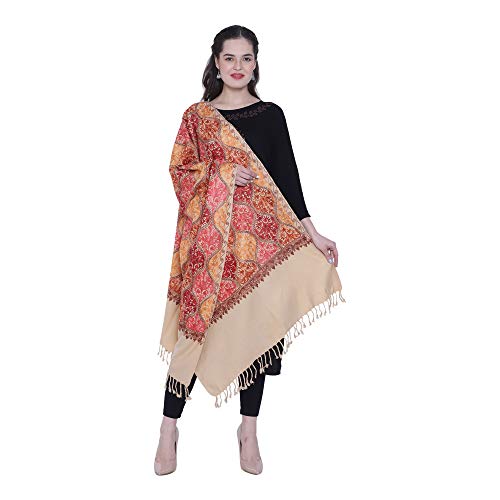 سوي وذ ليبل شال صوف كشميري عاري مطرز للنساء، بيج، مقاس واحد