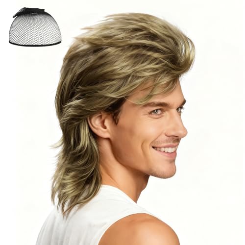 AUYAO Khaki Mullet Wigs Pop Rock Wigs 80s Outfit Disco Hippi
