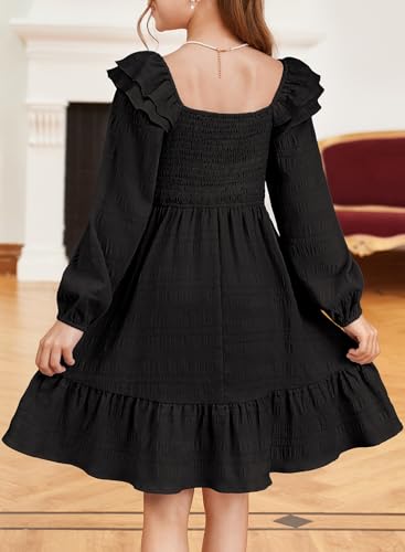 Girls Dresses with Tiered Ruffle Long Sleeve and Side Pockets, Smocked Fall Spring Dress for 6-13 Years3