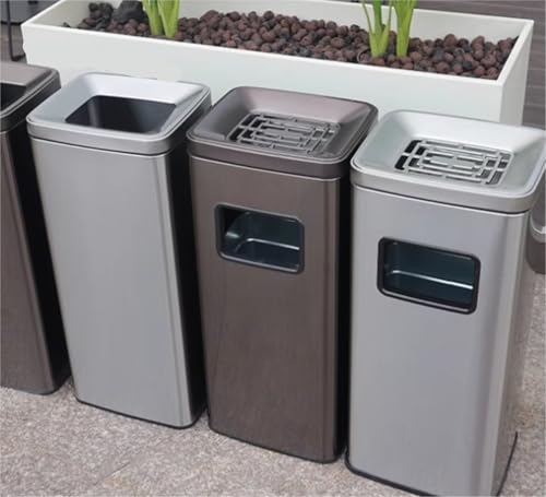 Outdoor Stainless Steel Trash Can & Ashtray, Vertical Metal Design, Floor Standing Garbage Bin for Patios, Gardens & Parks - Durable Brown Outdoor Waste Container