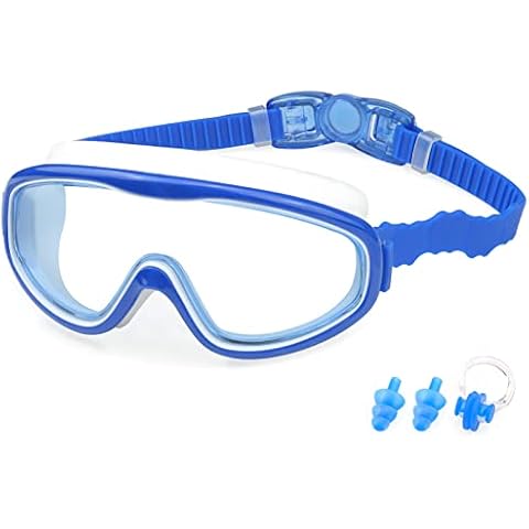 KAILIMENG Kids Swim Goggles, Clear Wide View No-Leak Anti-Fog UV Protection Swimming Glasses with Nose Clip Earplugs for Toddlers Youth Child 3-15 Years Old (Blue) Cover