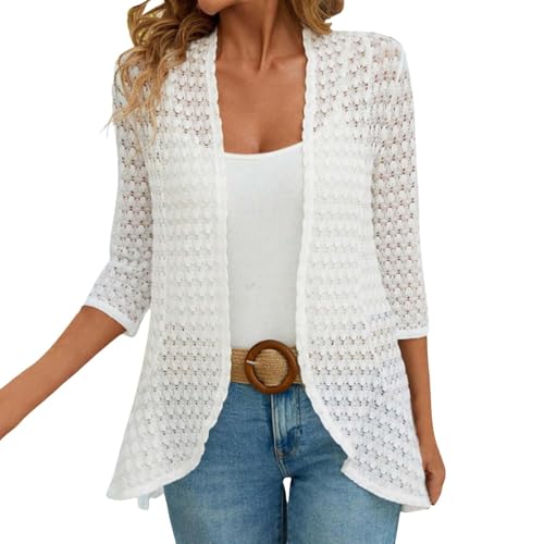 Waterfall White Lace Cardigan for Women - 3/4 Sleeve Batwing, Hollow-Out Sheer, Short Thin Crochet Plus Size