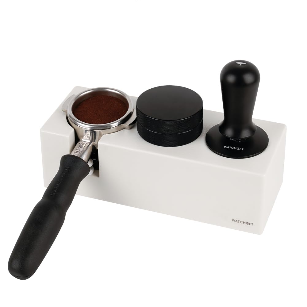 Soporte para prensas de café espresso con distribuidor y alfombrilla para portafiltros de 51 mm/54 mm/58 mm, estación de apisonamiento de café