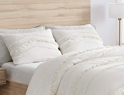 Image of Bohemian Boho Chic Ivory Macrame Tufted Tassel 3 pc. Full / Queen Size Bed Bedding Set Duvet Comforter Cover Sham Solid Cream Textured Minimalist Off White Cotton Fringe Farmhouse Indie Neutral Rustic