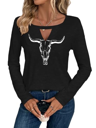 Binshre Western Country Concert Outfits Women Long Sleeve Keyhole Sexy V Neck T Shirts Vintage Rodeo Cowgirl Graphic Tees