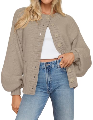 MEROKEETY Women's Fall Long Lantern Sleeve Cardigan Sweaters Casual Button Down Crewneck Open Front Coat