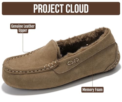 Image of Project Cloud 100% Genuine Leather Slippers for Women - Fur Lined Outdoor Slippers for Women Footwear with Memory Foam - Stylish Womens Moccasin (Cathi)