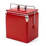 Dazefree Retro Cooler 14 Quart - Portable Metal Vintage Ice Chest with Bottle Opener, Waterproof Stainless Steel Cooler, Outdoor Ice Bucket for Camping, Picnic, Beach, BBQ, Tailgating & Fishing (Red)